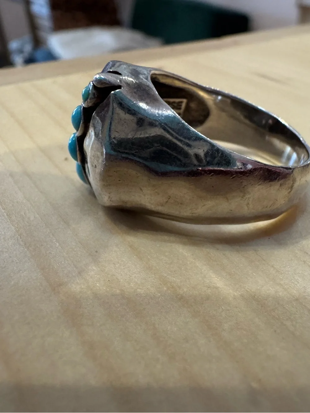 Unique Sterling and turquoise modern statement ring size nine. Stamped by artist